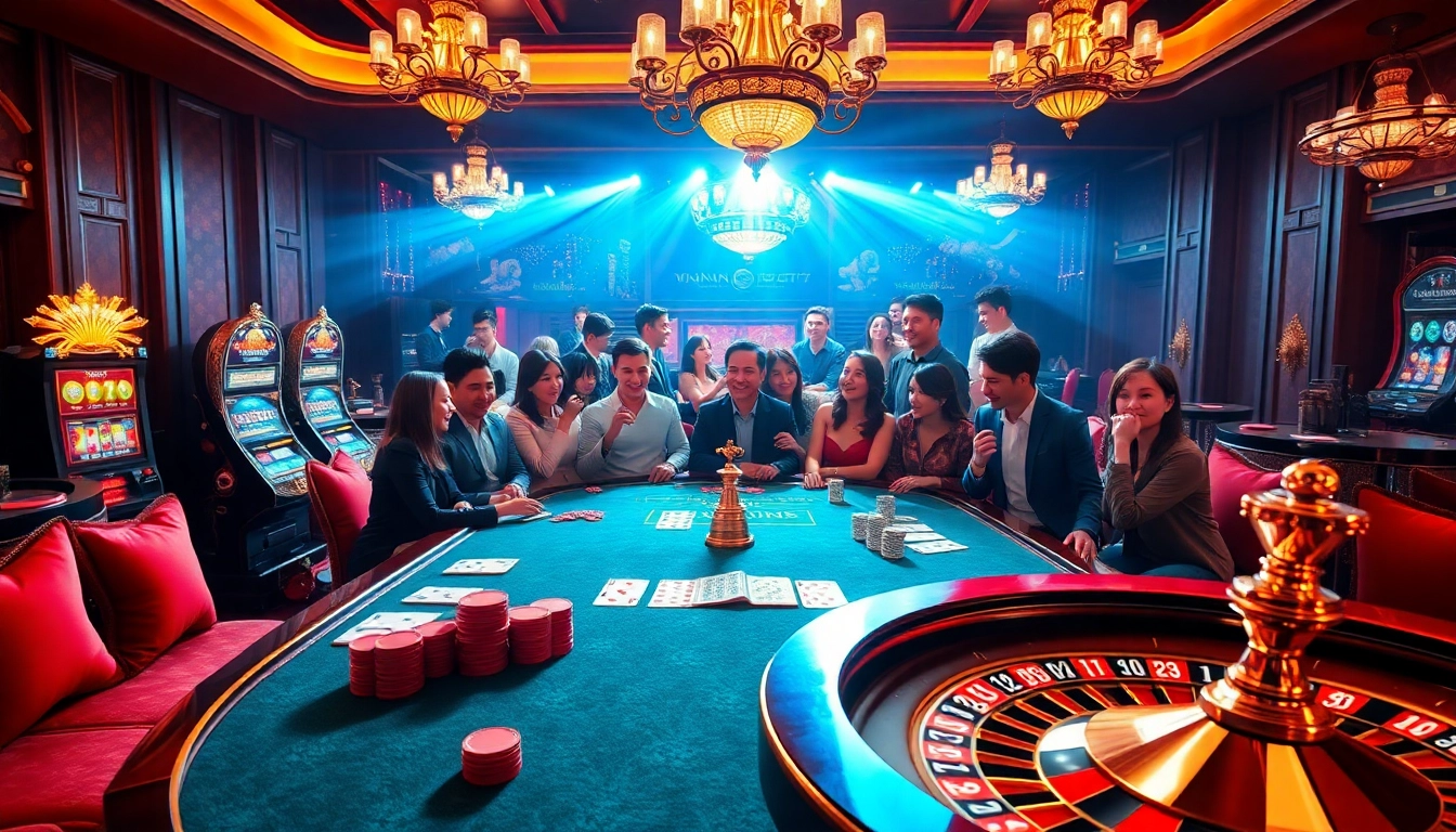 A thrilling gambling scene at nhà cái kp88 with vibrant casino tables and excited players.