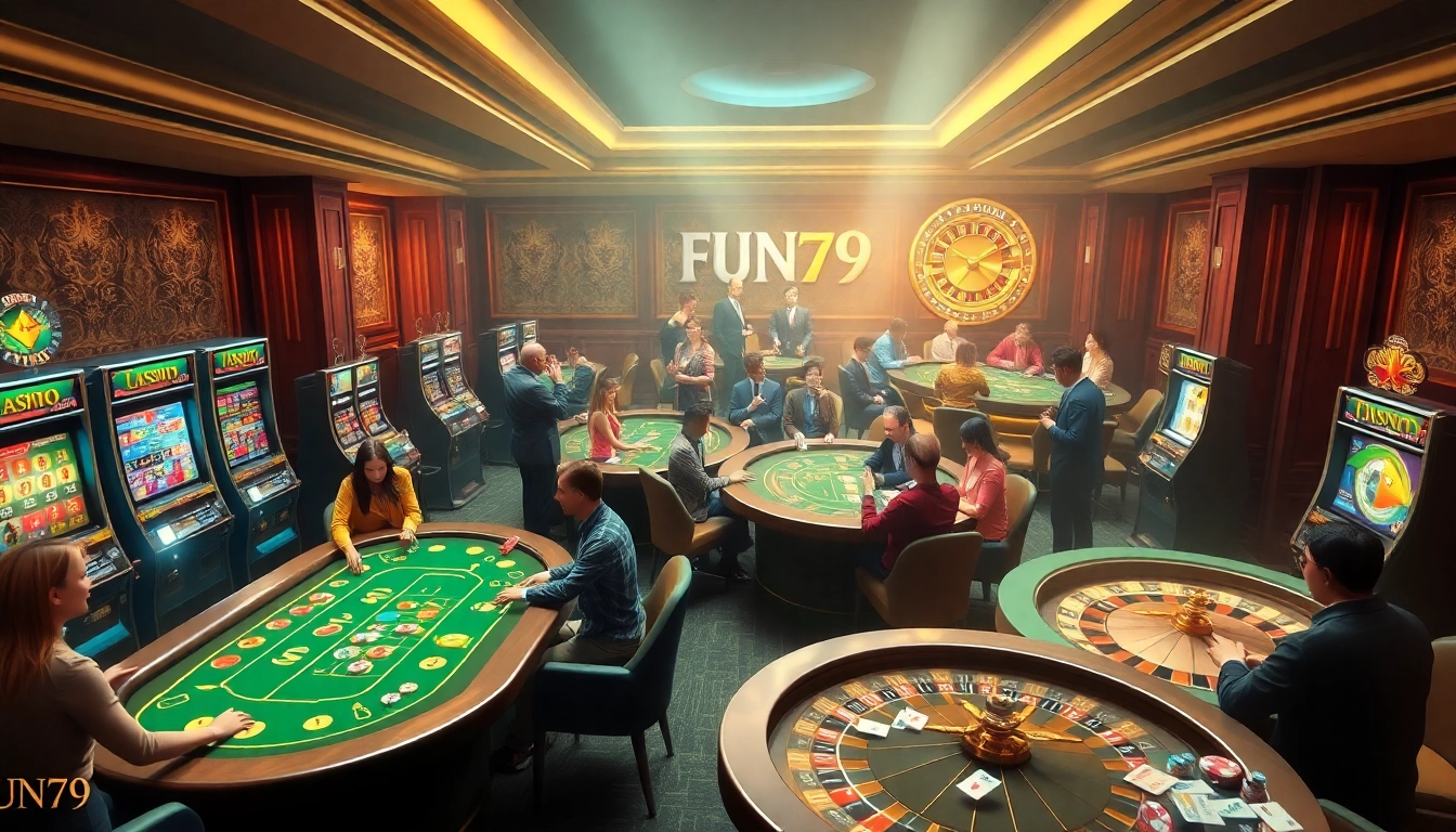 Engage with excitement on Trang chủ FUN79, featuring vibrant casino tables and joyful players enjoying their games.