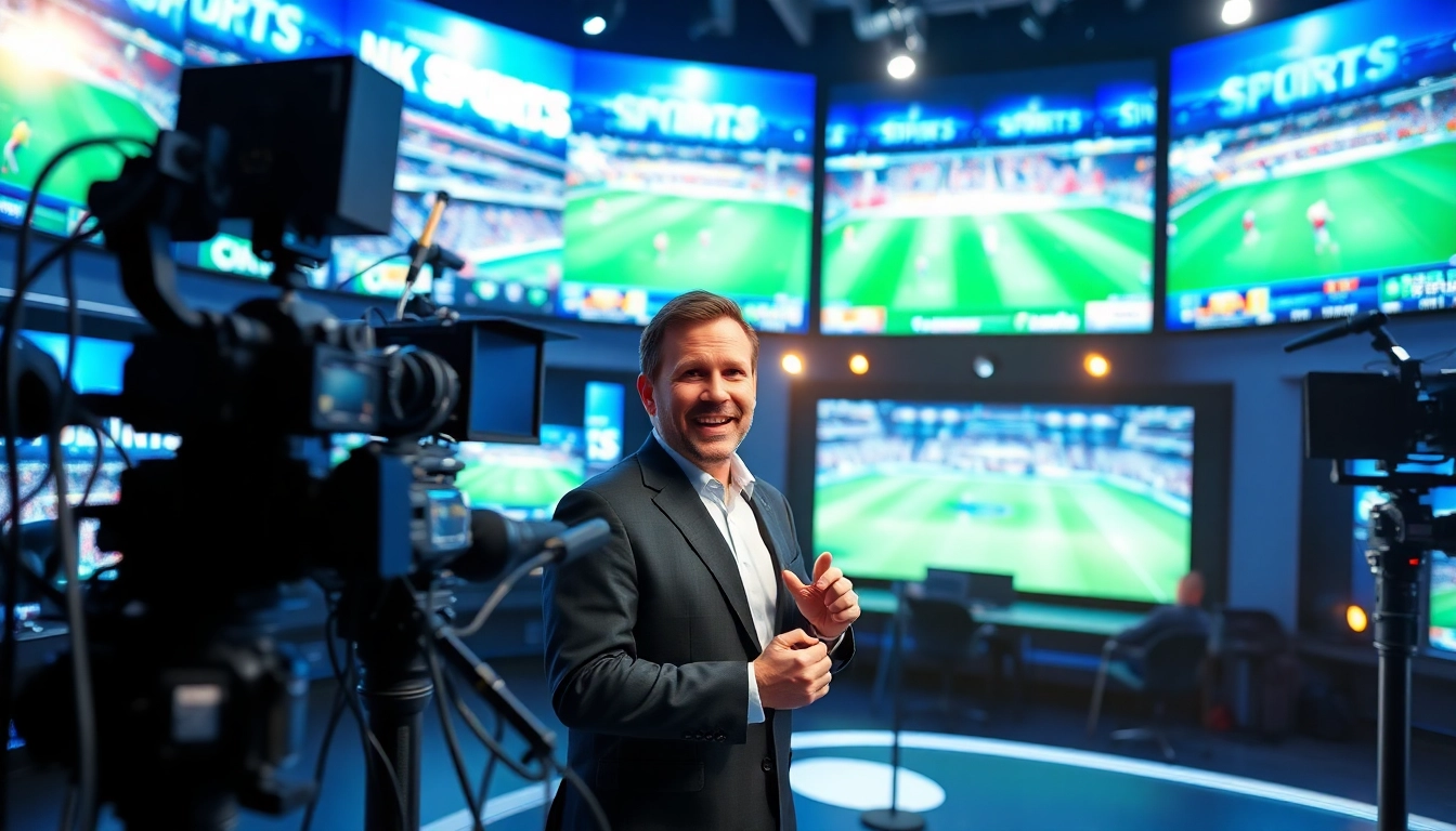 Engaging scene of sports broadcasting with a host presenting in a vibrant studio.