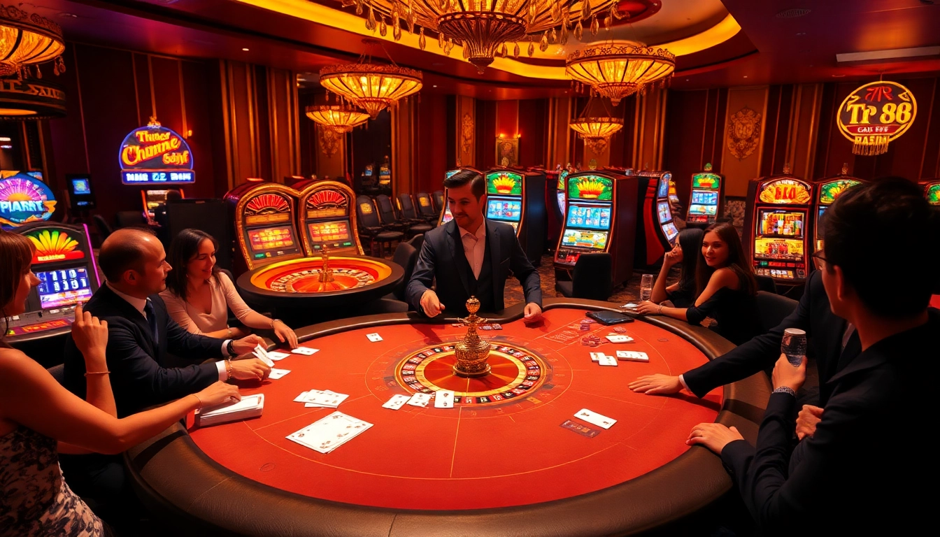Players engaging in an intense game at TR 88 casino with vibrant tables and flashing slot machines.