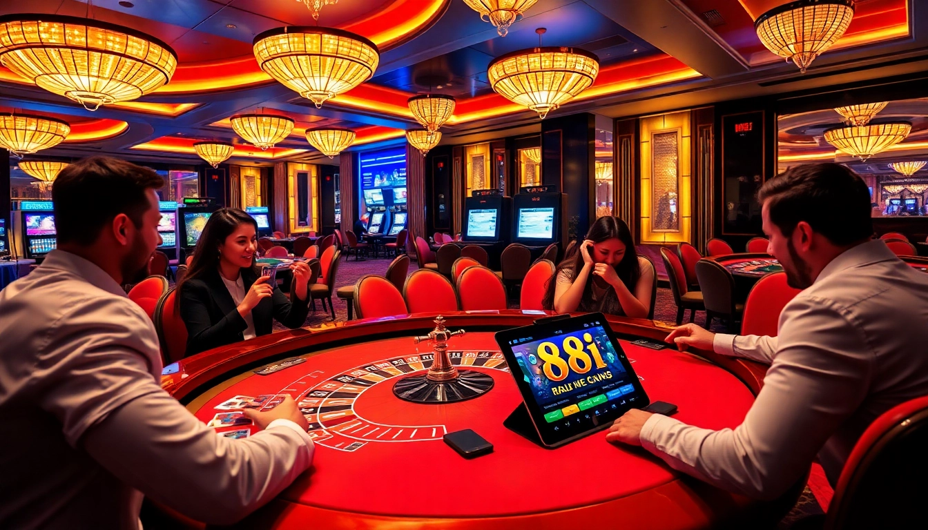 Players enjoying intense gaming sessions at 88i nhà cái with stylish casino tables and vibrant decor.