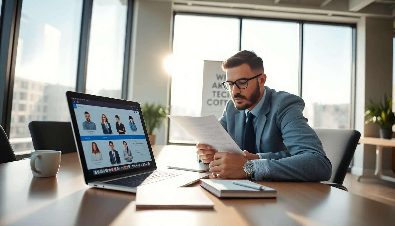 Headhunter IT reviewing resumes in a modern office with a professional ambiance.