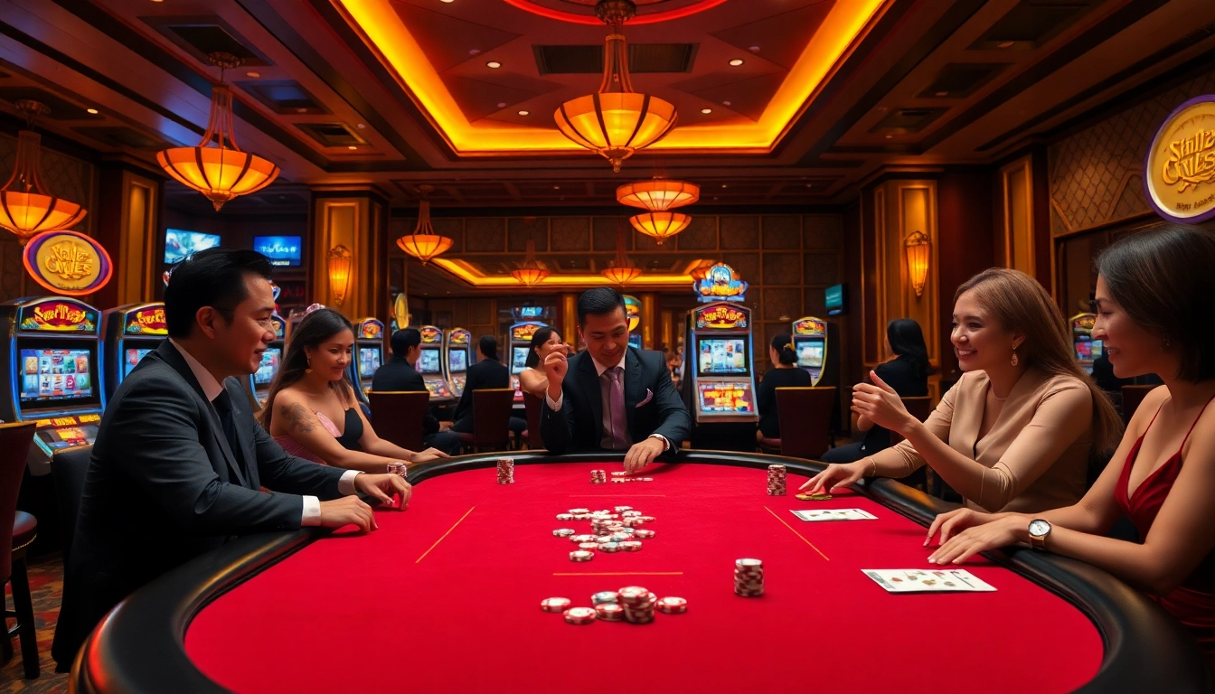 Experience the excitement of 88i nhà cái with a luxurious casino setup showcasing poker and slot machines.