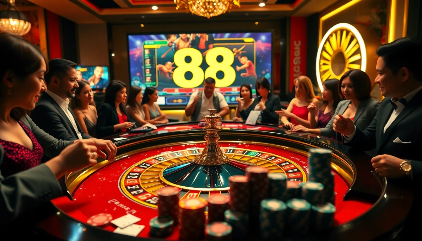 Players enjoying a thrilling game at 88i nhà cái, with colorful chips and cards on a roulette table.