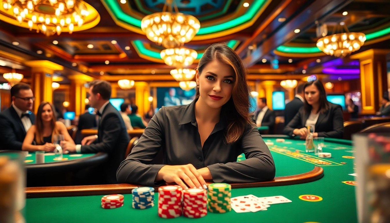 A legjobb online kaszinó izgalmai, professzionális osztó egy elegáns játékasztalnál.