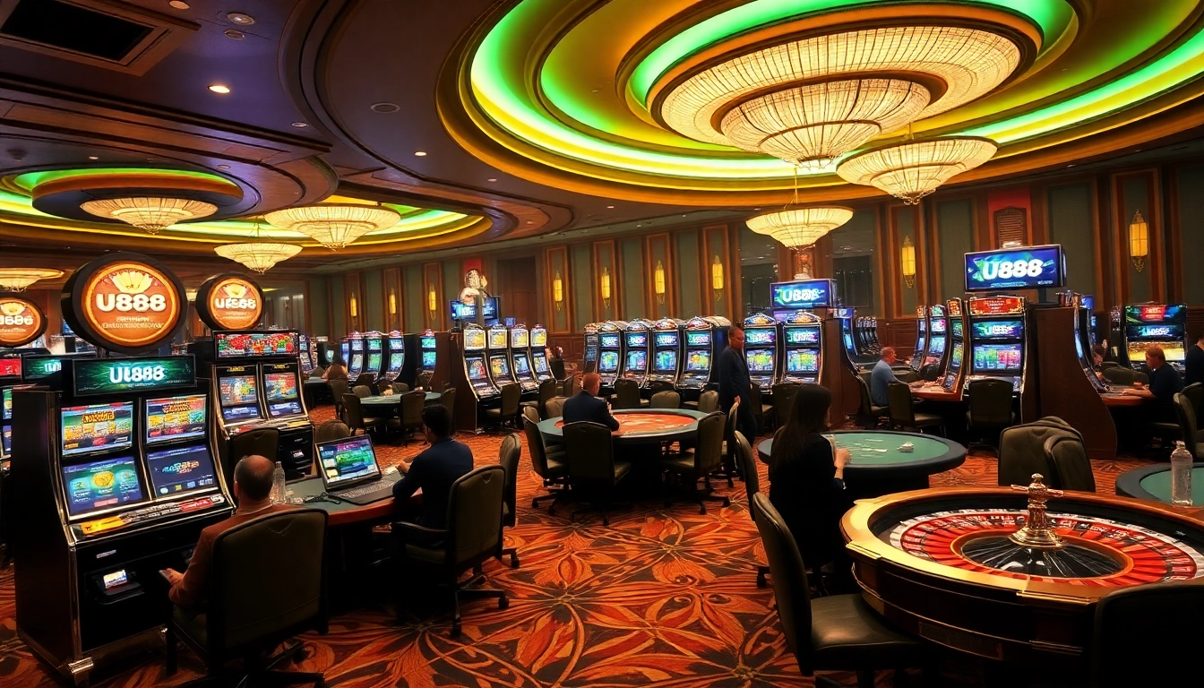 Experience U888's thrilling casino atmosphere with elegant tables and vibrant gaming elements.