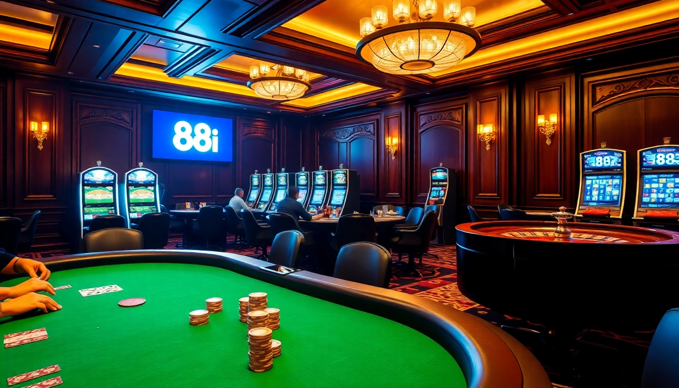 Players engaging in a thrilling poker game at 88i casino, surrounded by chips and cards.