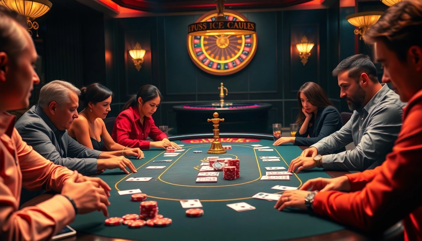 Players engaged in an exciting poker game at an upscale casino table, showcasing mv88 betting excitement.