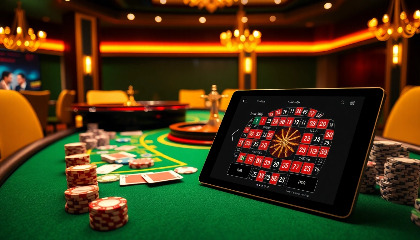 Experience the thrill of bem88 with a vibrant casino scene featuring cards, chips, and a roulette wheel.