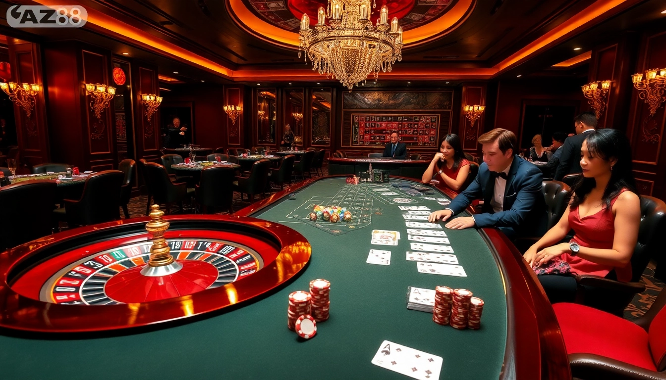 Experience the excitement of AZ88 with poker chips and cards at a luxurious casino.