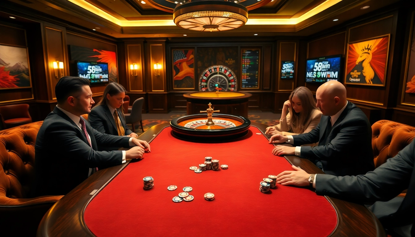 58win players enjoying a high-stakes poker game in a luxurious casino setting.