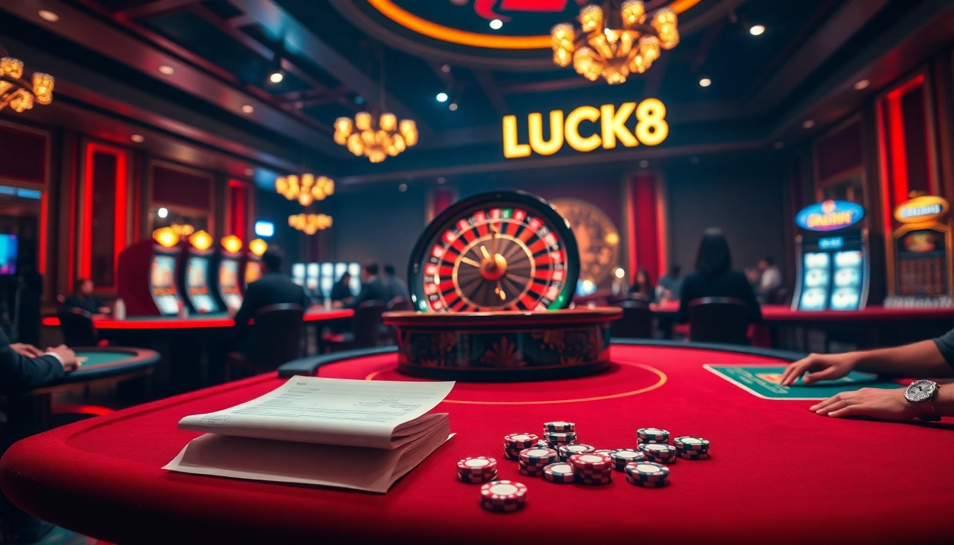 LUCK8 players enjoying high-stakes games at a luxurious casino with roulette and poker tables.
