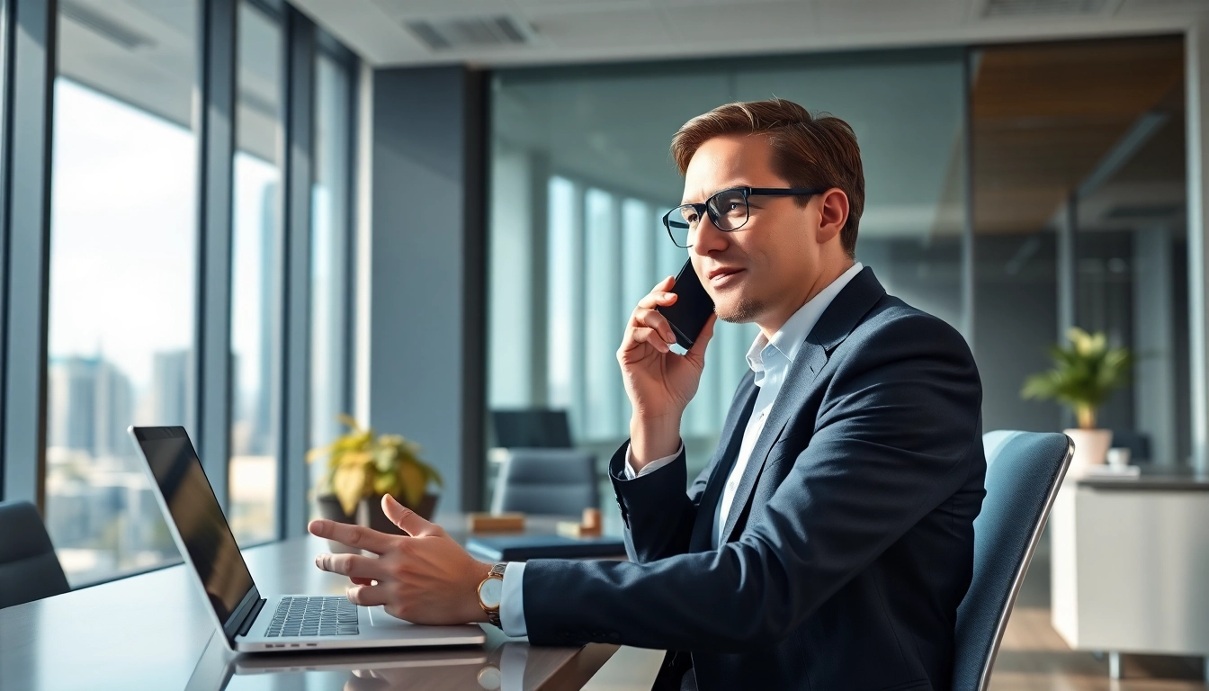 Headhunter Schweiz telefoniert mit einem Kandidaten in einem modernen Büro.