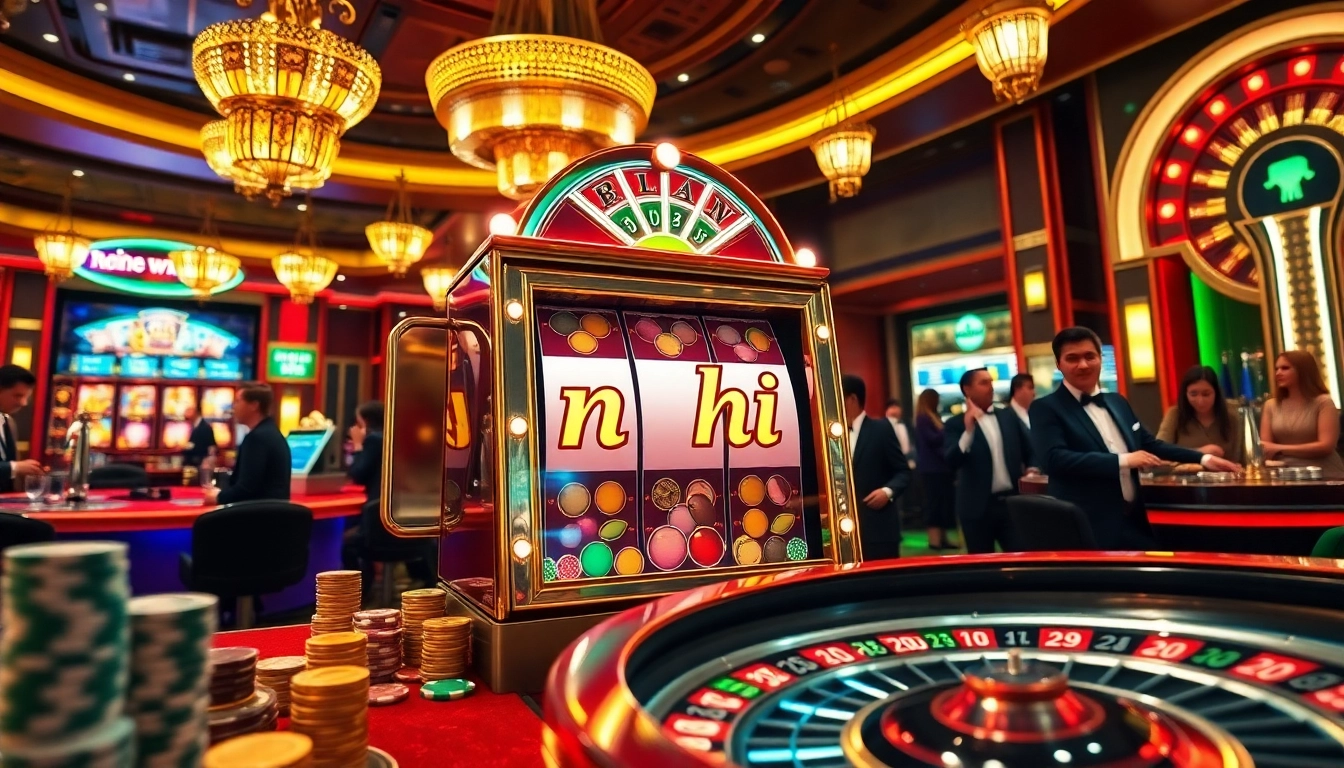 Exciting nổ hũ slot machine surrounded by casino chips and vibrant gaming atmosphere.