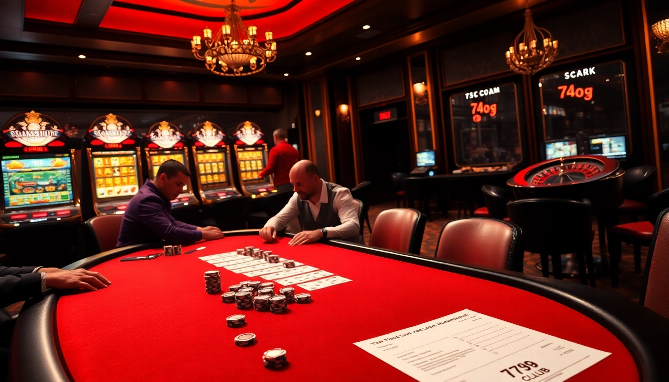 Gamblers enjoy poker at a luxurious casino table with 789club elements in a vibrant atmosphere.