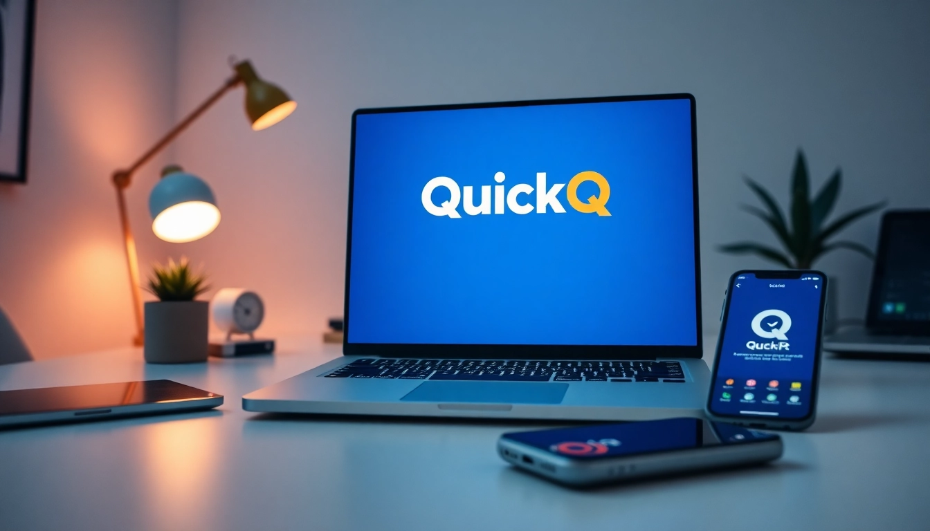 在现代家庭办公室的笔记本电脑上显示的 QuickQ官网，提供安全的上网访问。