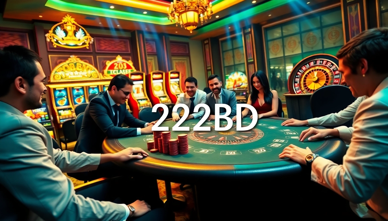 Exciting gameplay at 222BD casino with players at a blackjack table surrounded by vibrant slot machines.
