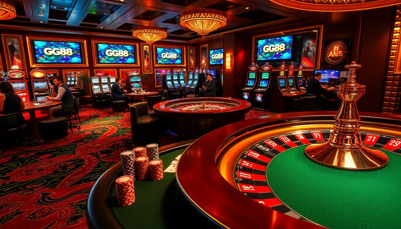 Players enjoying the thrill of GG88 at an upscale casino poker table, surrounded by gaming excitement.