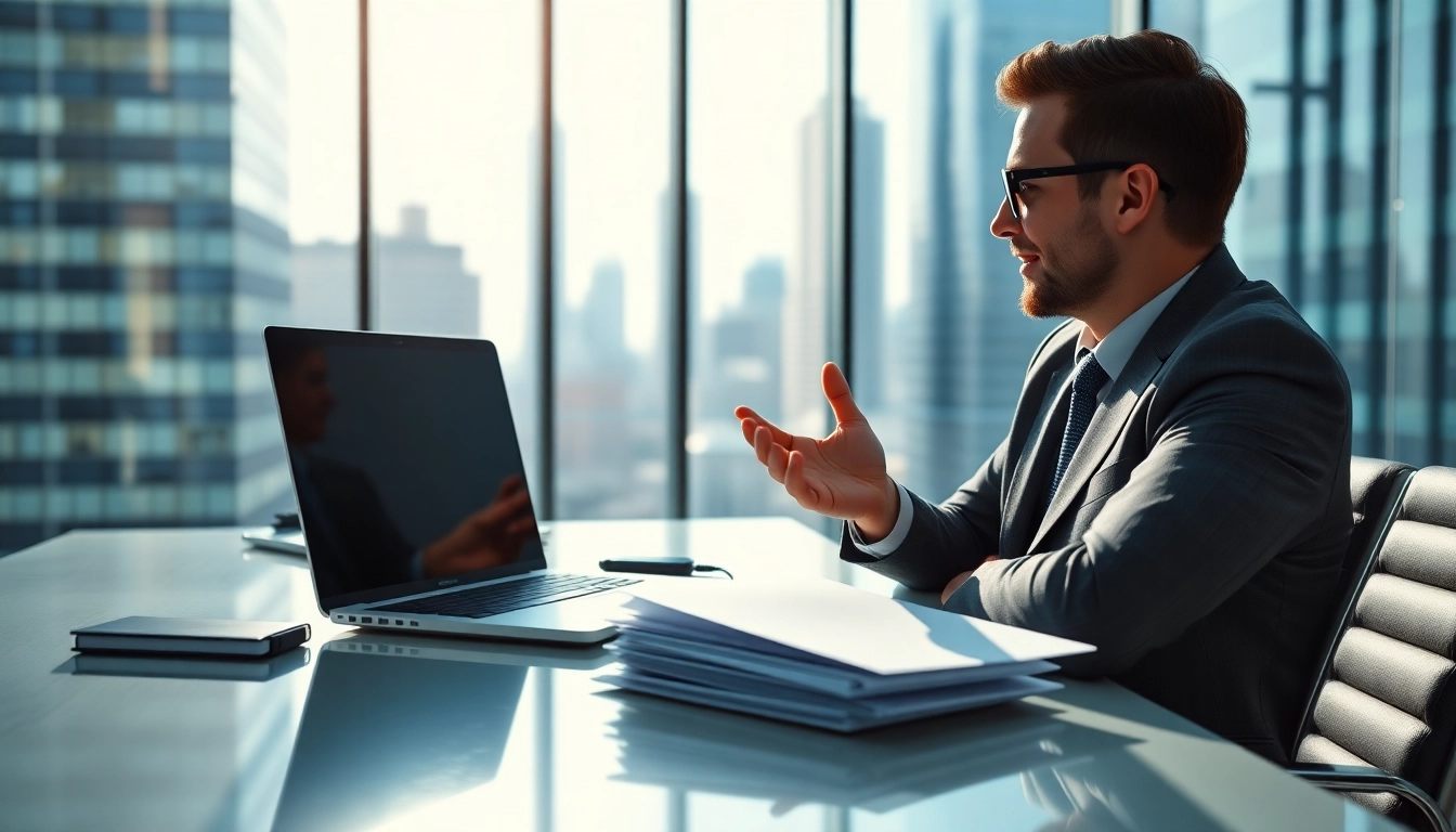 Der Headhunter IT führt ein professionelles Gespräch und arbeitet an seinem Laptop.