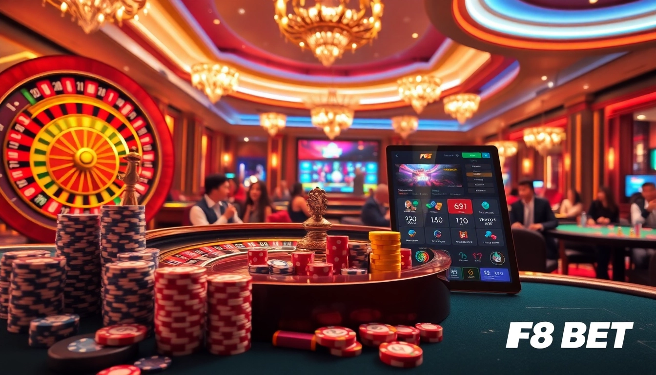 Experience excitement at F8 BET with vibrant casino elements like roulette wheels and poker chips.