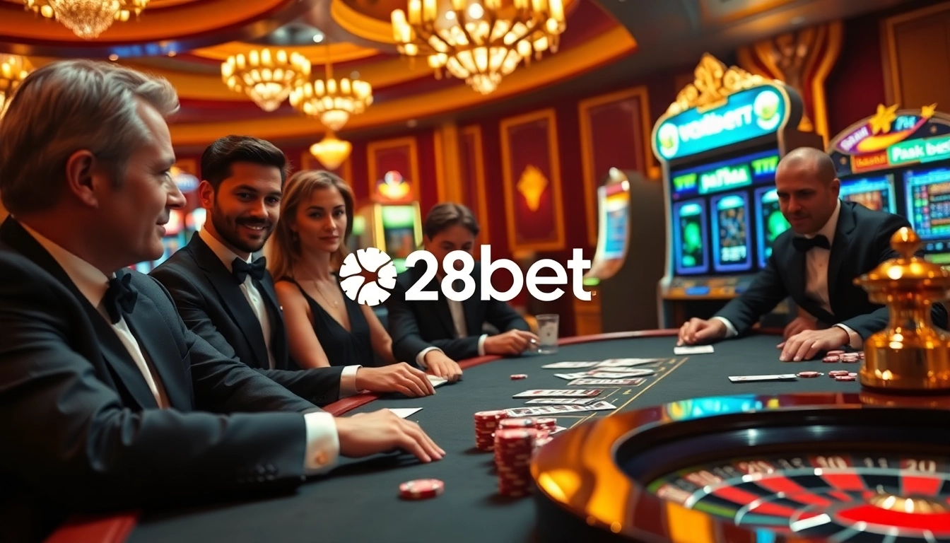 Scene of intense poker action at 28bet casino with elegant players, chips, and vibrant lights.